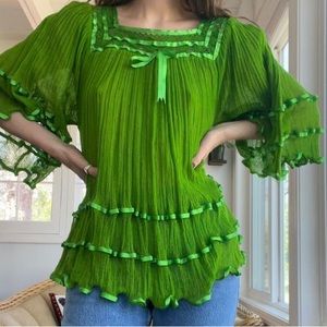 Vintage 1960/1970s Green Ruffle Top with ribbons